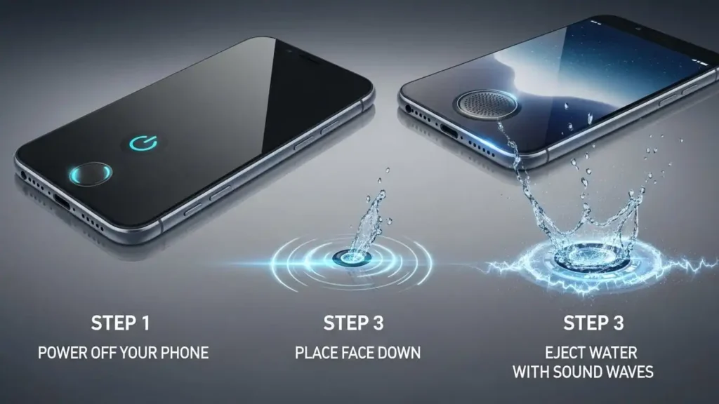 Step-by-step smartphone speaker cleaning guide with sound waves