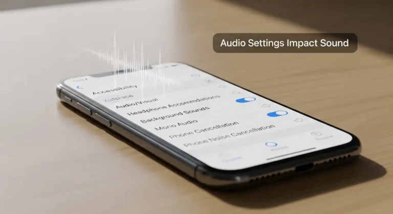 Smartphone showing Accessibility audio settings with sound waves from speaker